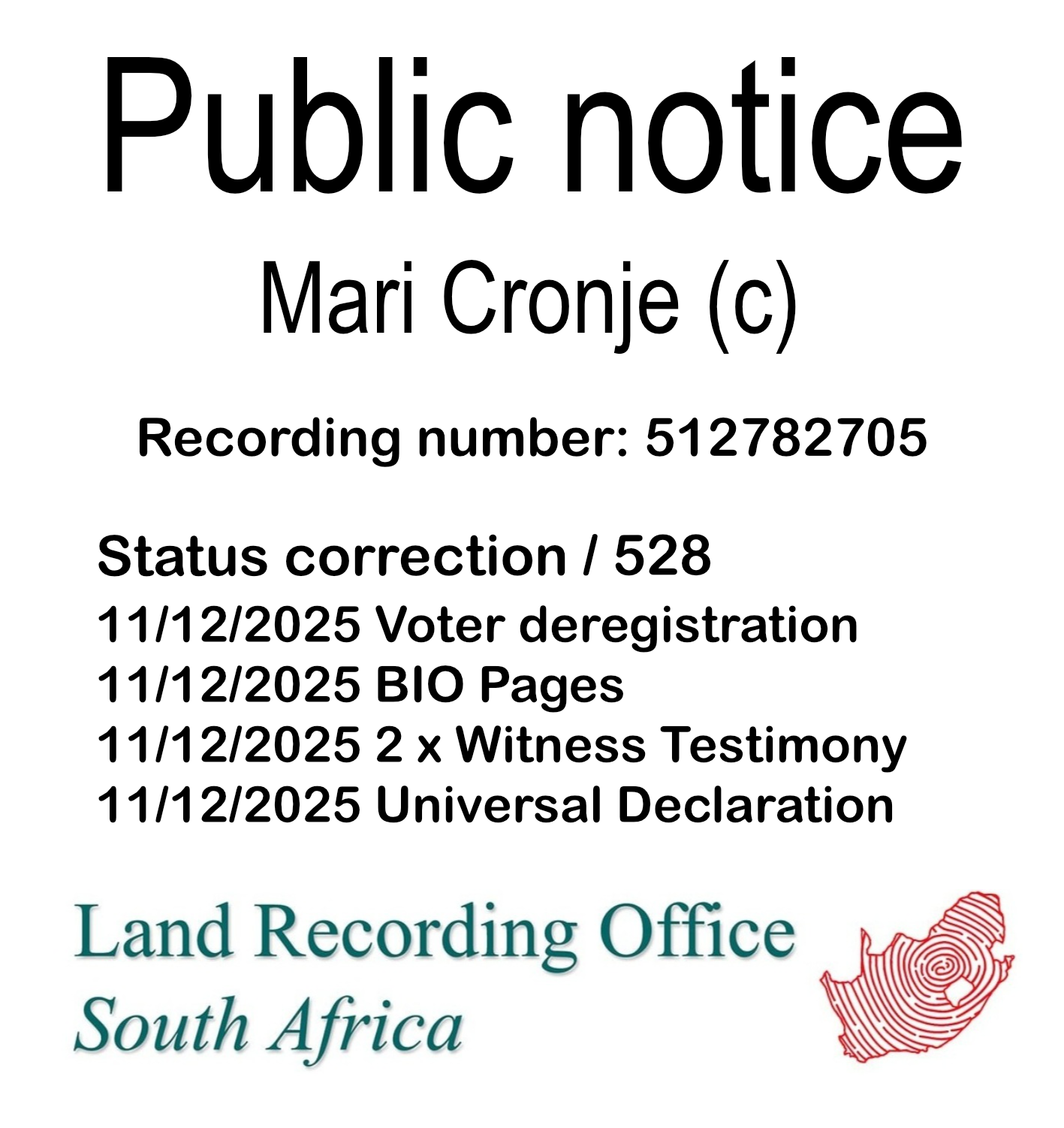 Public notice Mari Cronje Recording number 512782705